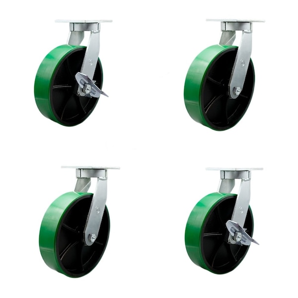 Service Caster 10'' Heavy Duty Green Poly on Cast Iron Caster Set 2 Swivel Lock 2 Brakes, 4PK CRAN-SCC-KP92S1030-PUR-GB-BSL2SLB-2 - main